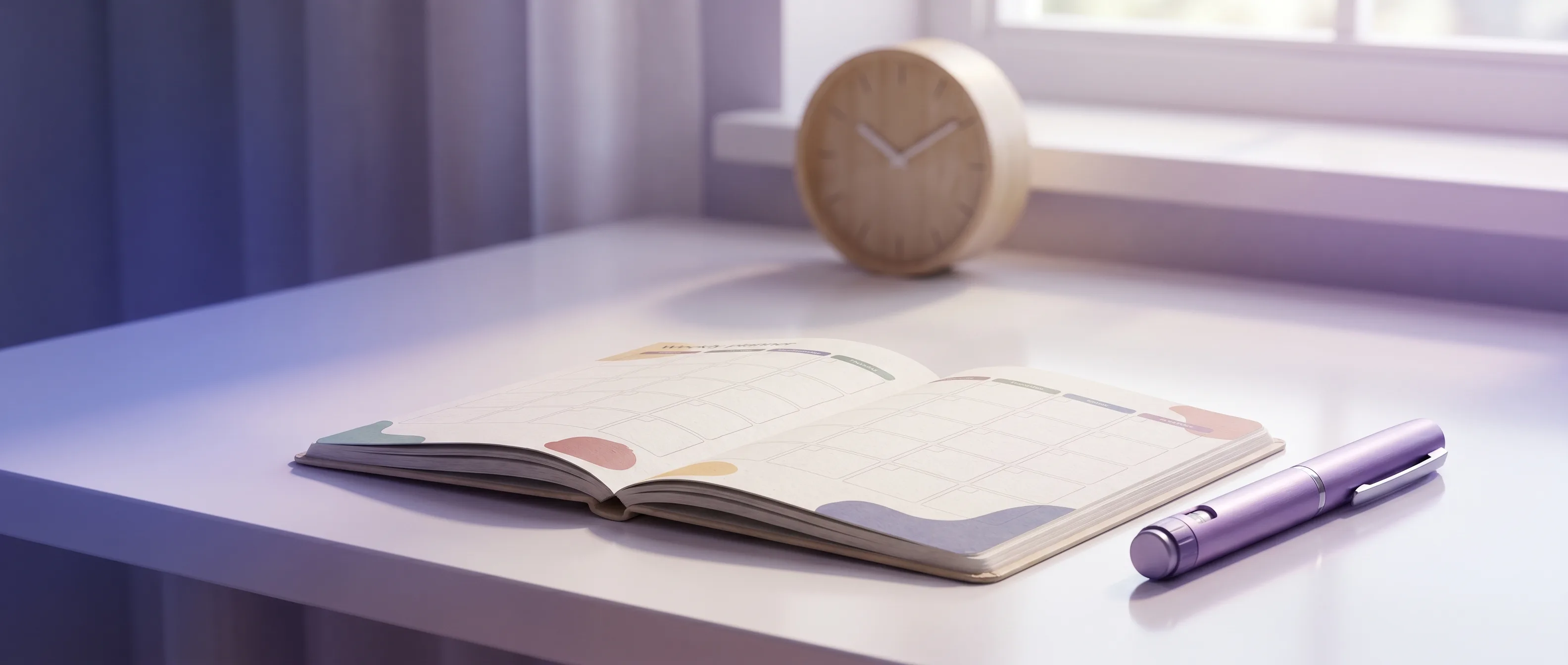 Weekly planner and a single injection pen on a clean desk in soft indigo morning light