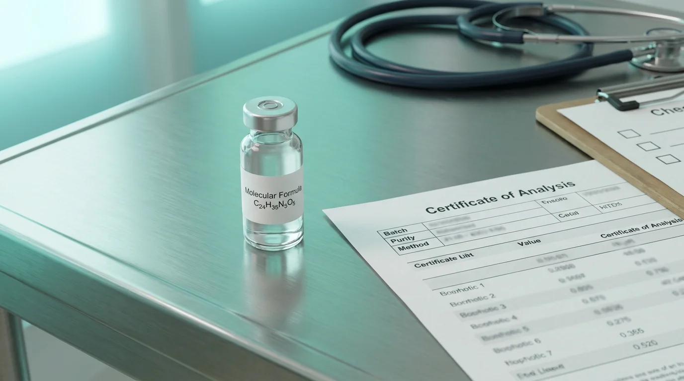 Compounding pharmacy countertop with a tirzepatide vial, a Certificate of Analysis, and an evaluation checklist