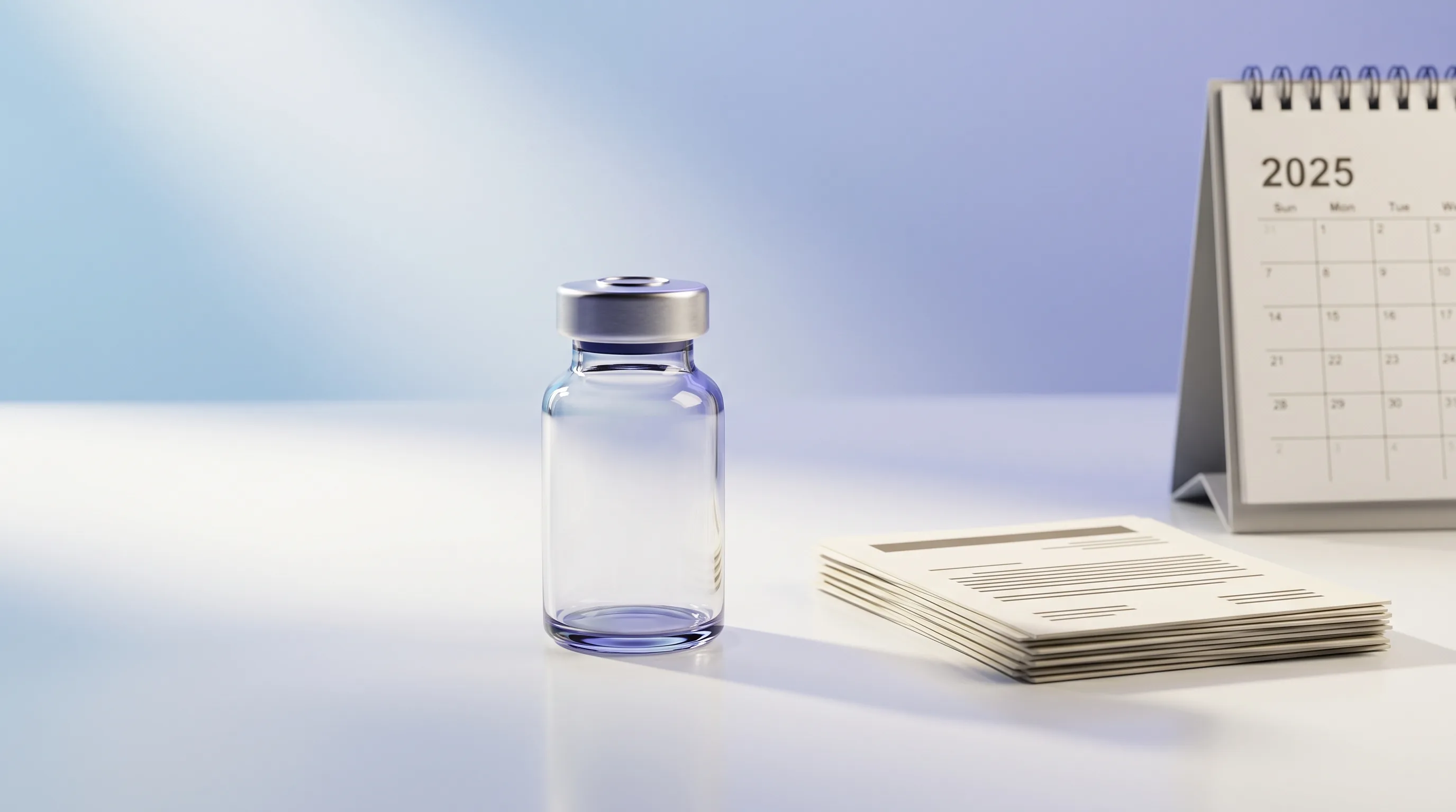 Semaglutide vial beside FDA regulatory documents and a calendar marking 2025 enforcement dates.