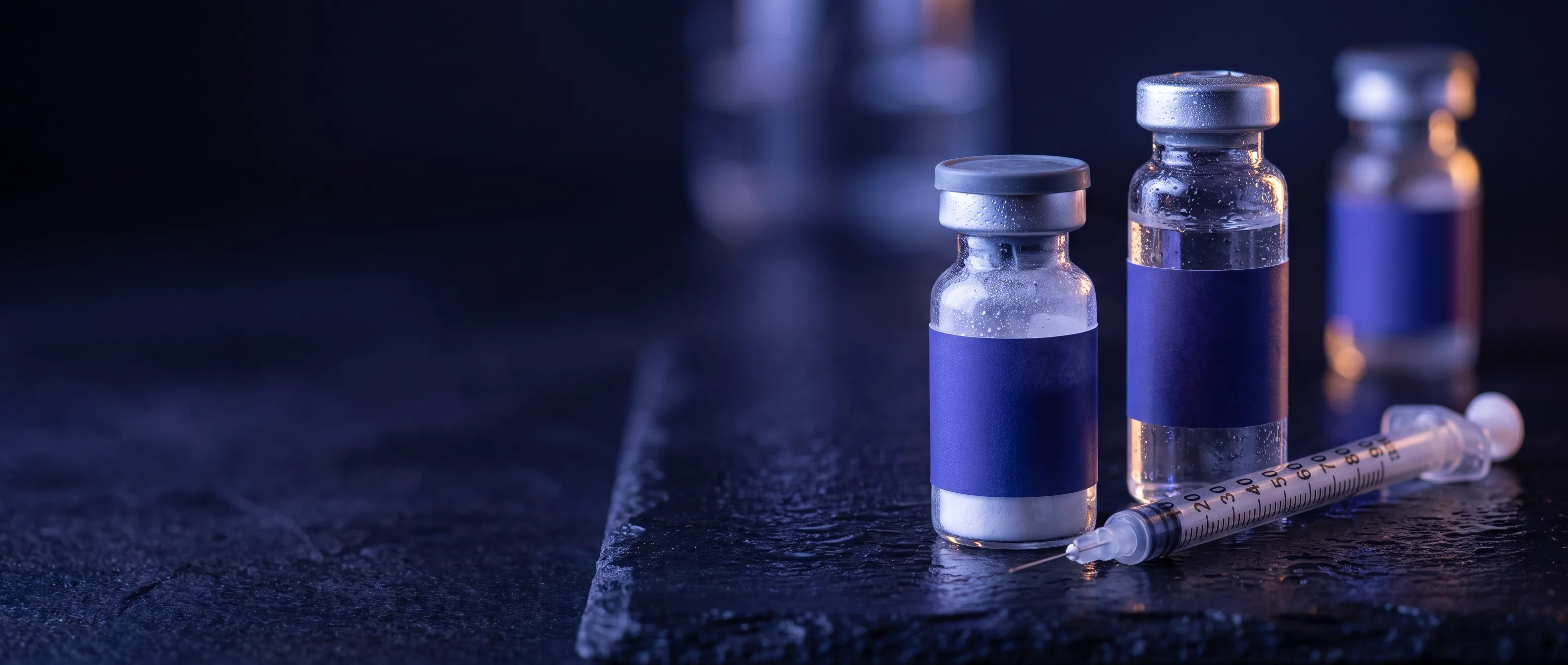 Retatrutide injection pen photographed under indigo rim lighting on a dark clinical surface.