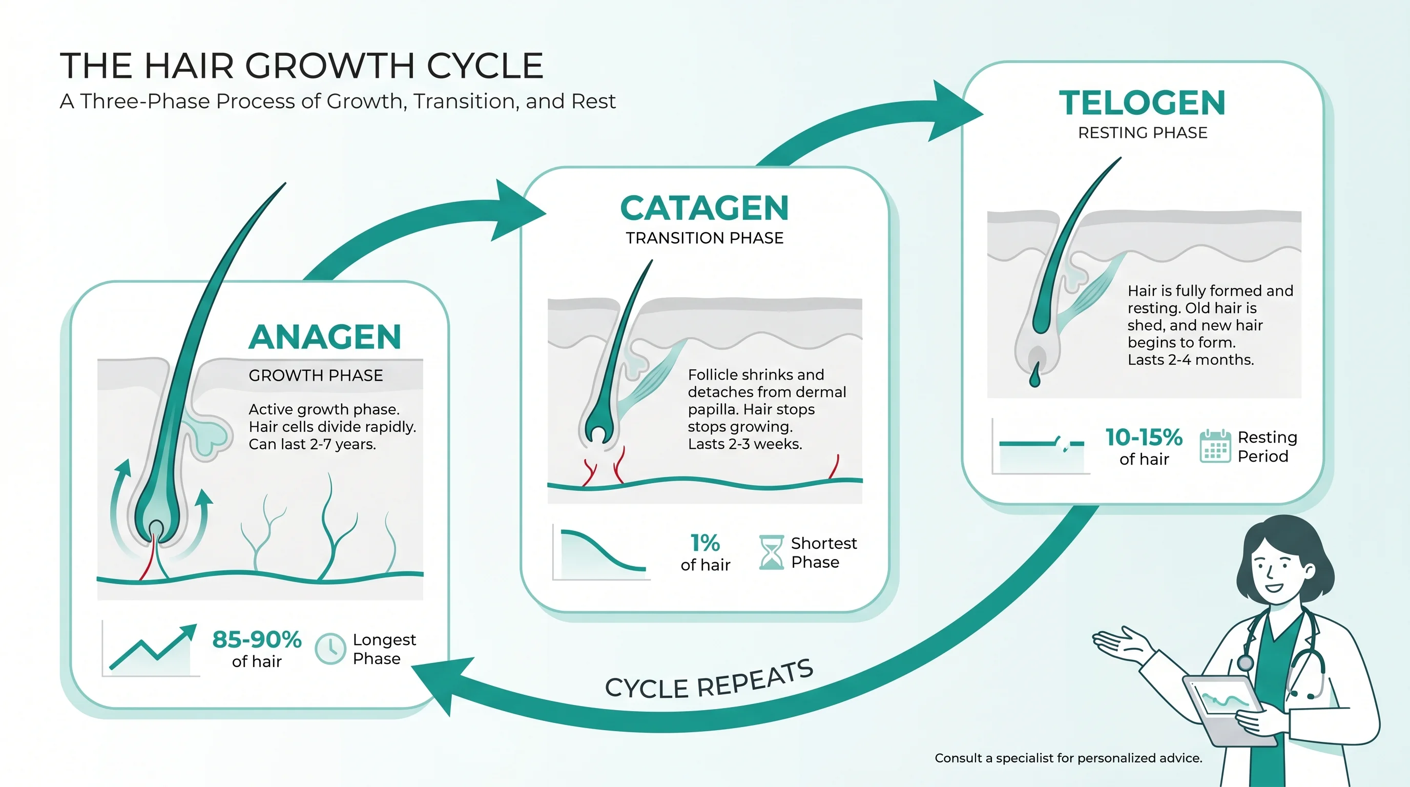 Hair growth cycle: anagen growth phase, catagen transition, and telogen shedding phase labeled with arrows.
