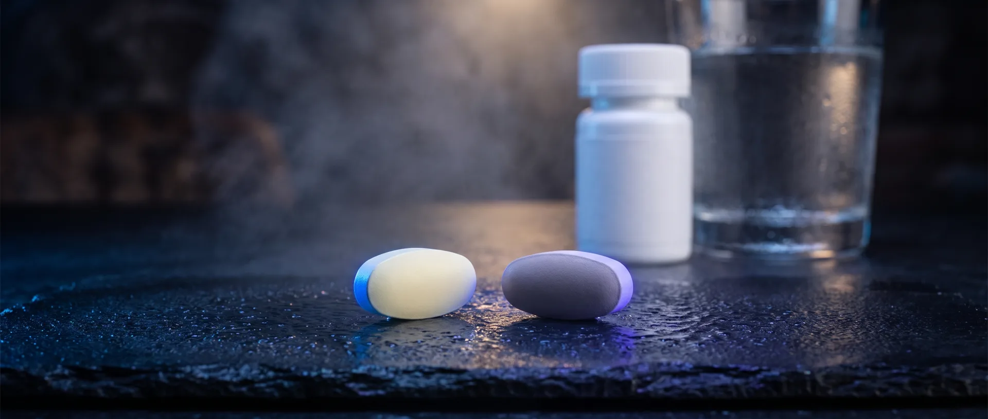 Two different oral weight-loss tablets on dark wet slate, lit blue and indigo, with water behind.