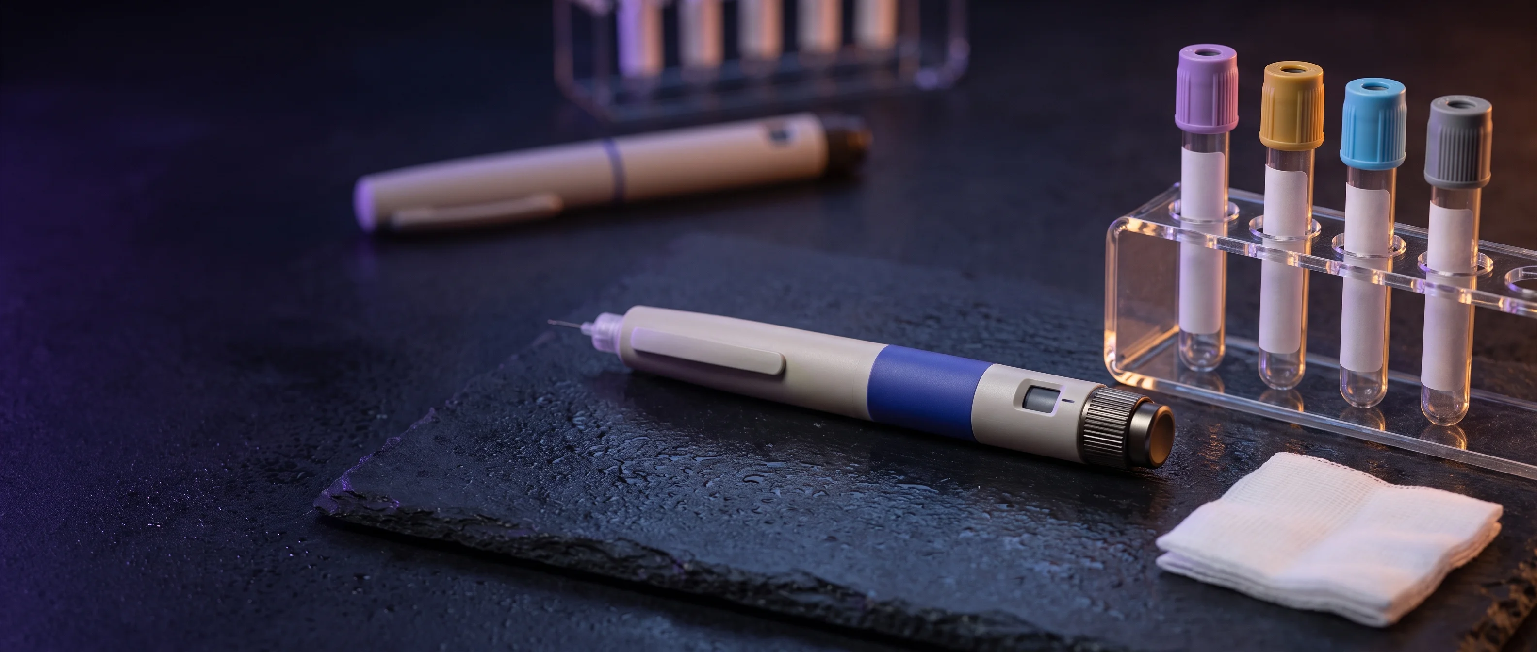 GLP-1 injection pen beside blood collection tubes on a dark slate surface in indigo light