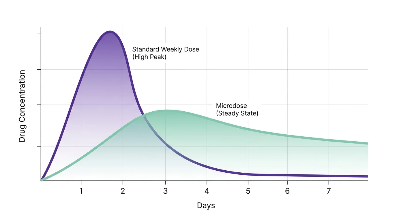 Two concentration curves: a tall narrow standard weekly dose peak beside a lower broader microdose curve over one week