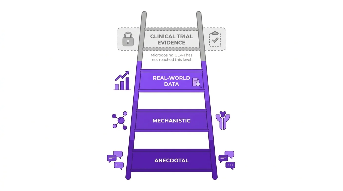 Evidence ladder for microdosing GLP-1 benefits showing the top clinical-trial rung greyed out as not yet reached