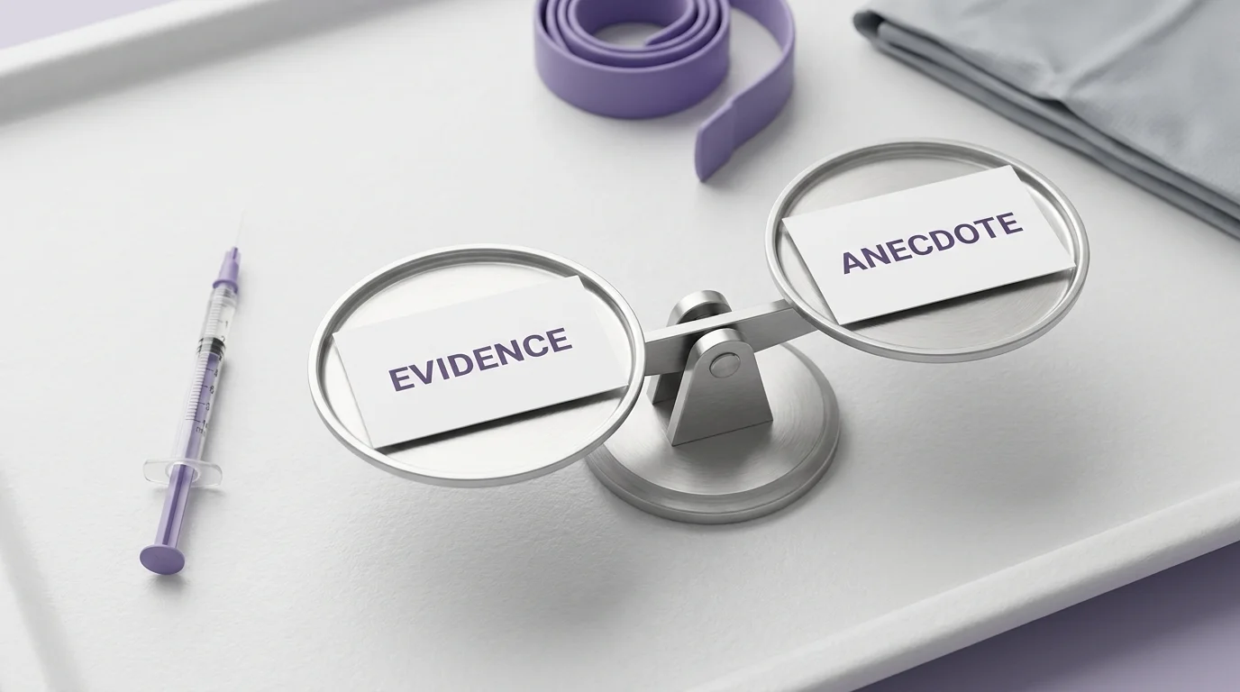 Small insulin syringe beside a balance scale weighing evidence against anecdote on a violet medical surface