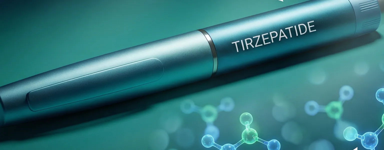 Deep teal scientific illustration of tirzepatide binding dual GIP and GLP-1 hormone receptors for weight loss and blood sugar control