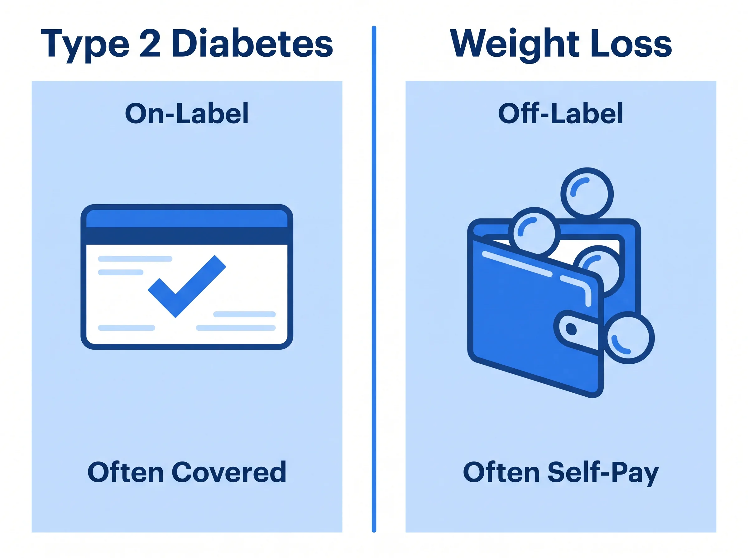 Diagram contrasting insurance-covered on-label diabetes use versus self-pay off-label weight-loss use of Ozempic.