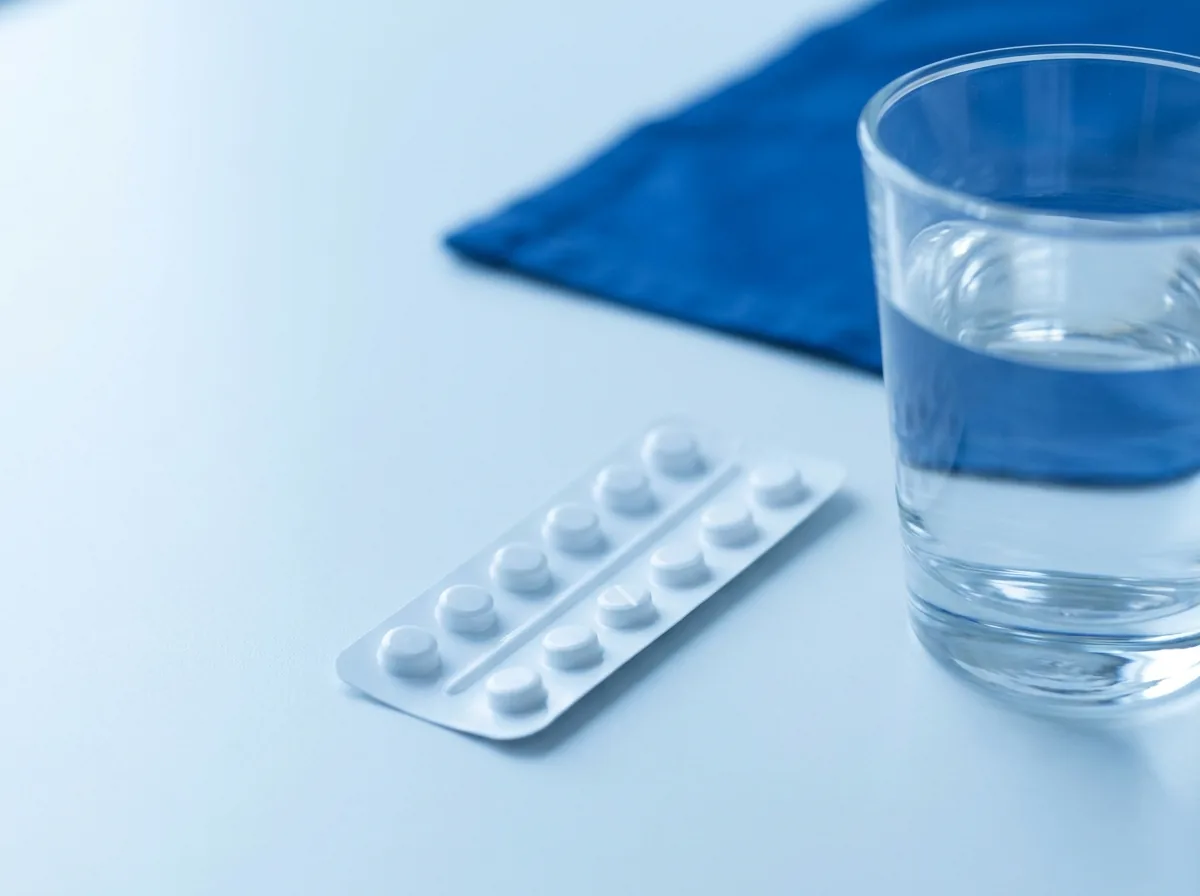An Ozempic pill blister pack sits beside a small glass of water for empty-stomach dosing.