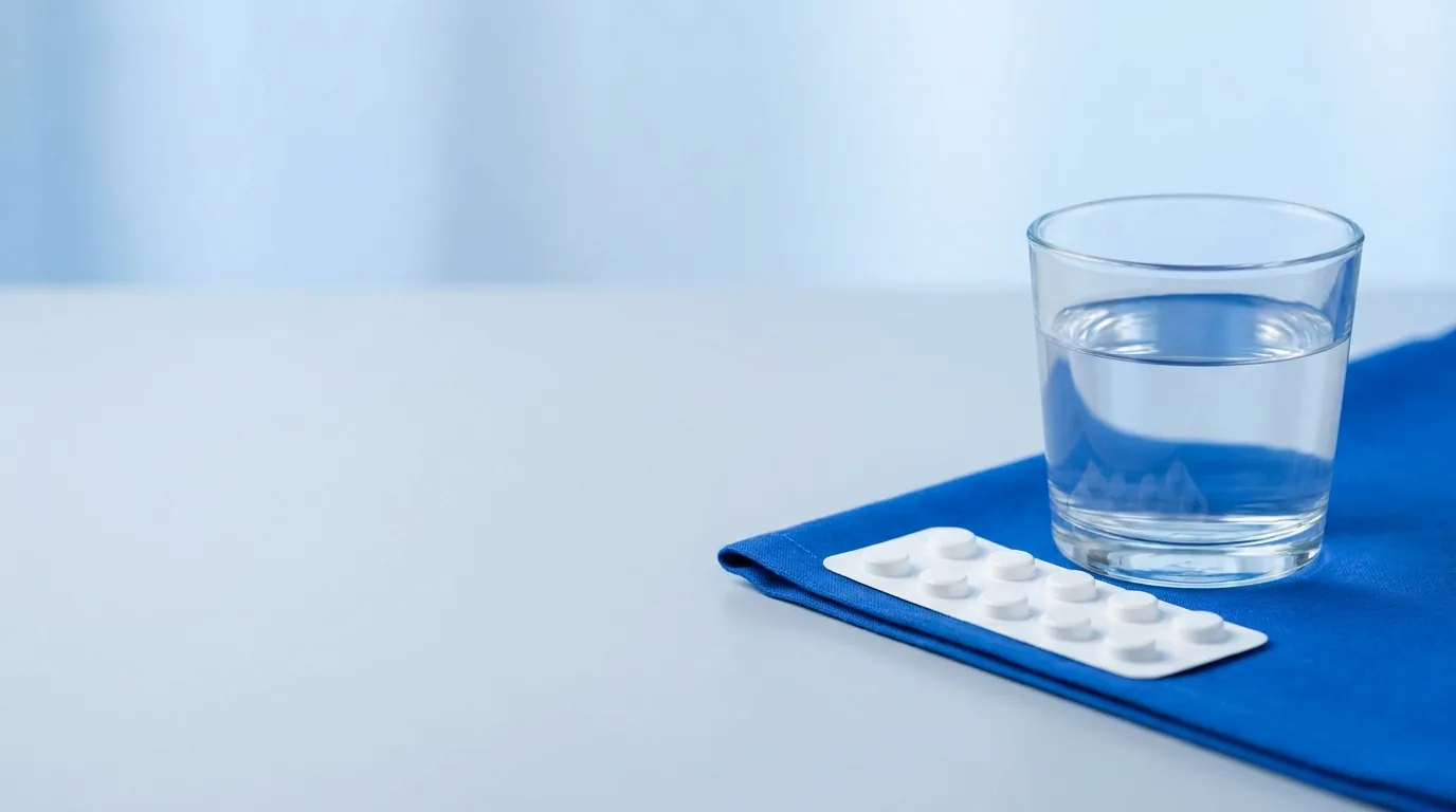 An oral Ozempic pill blister pack beside a glass of water on a clean clinical surface.