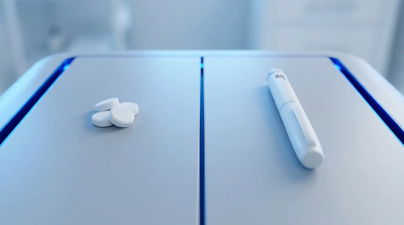 An oral Ozempic tablet on the left and an injectable Ozempic pen on the right.