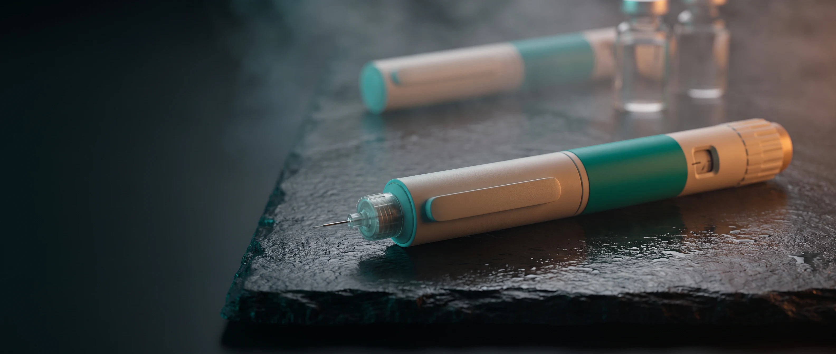 Mounjaro-style tirzepatide prefilled injection pen on wet slate under teal editorial lighting.