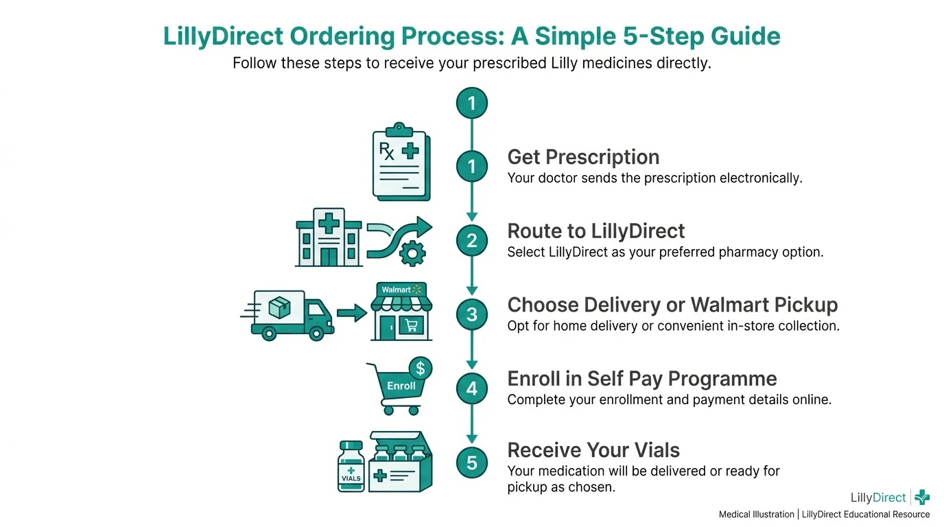 Five-step LillyDirect ordering flow diagram from prescription to Zepbound vial delivery.