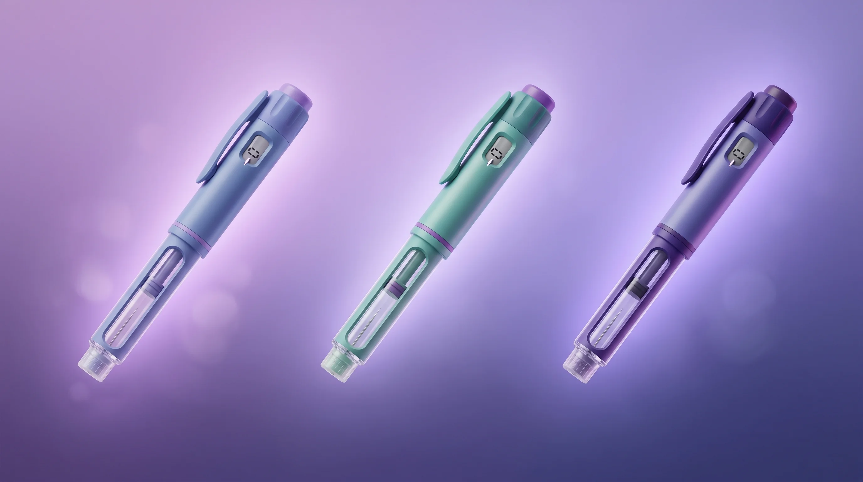 Three GLP-1 medication injectors representing semaglutide, tirzepatide, and retatrutide in violet gradient arrangement.