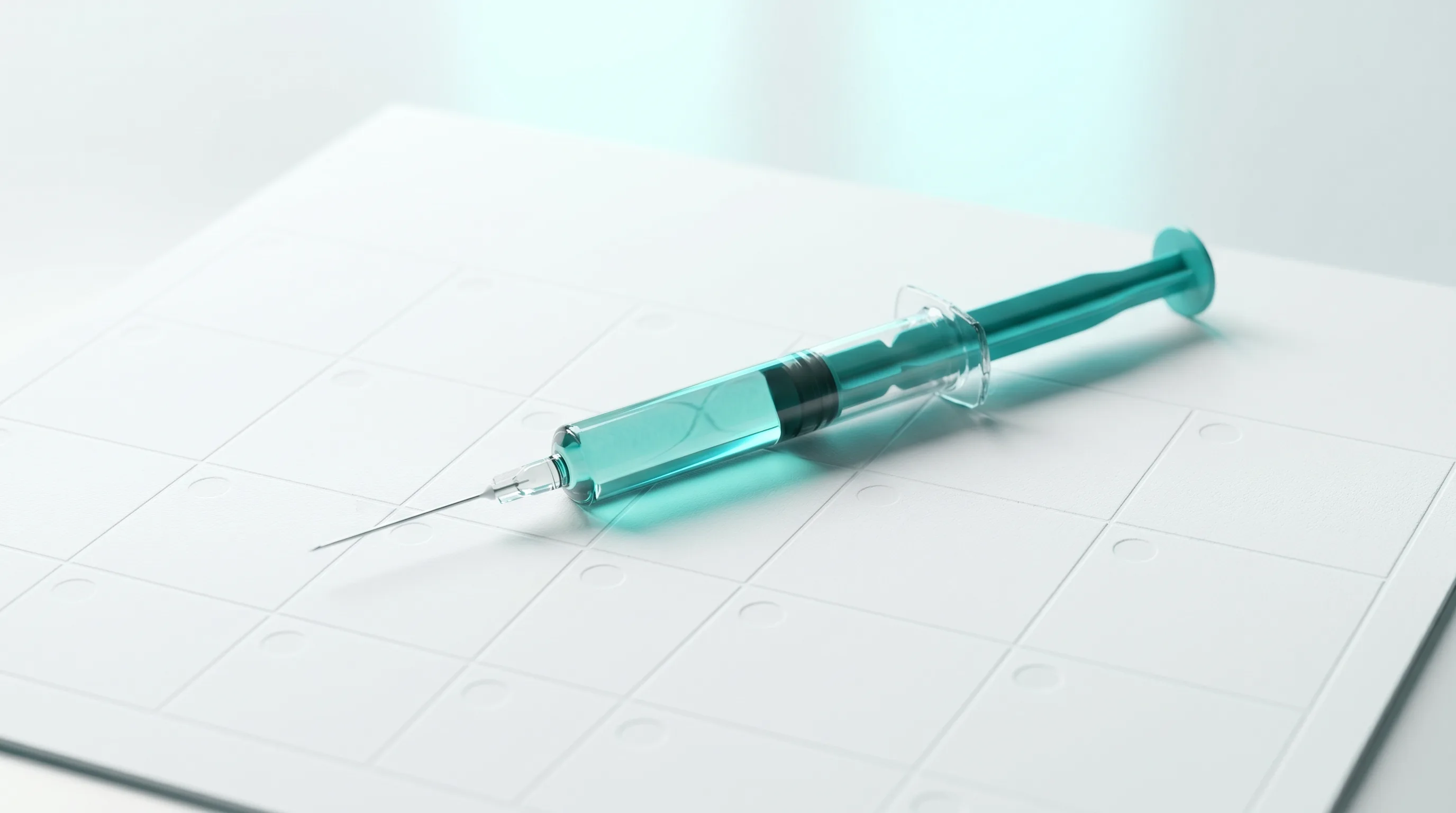 Glass syringe with teal liquid resting on a weekly dose calendar grid showing tirzepatide split-dose scheduling