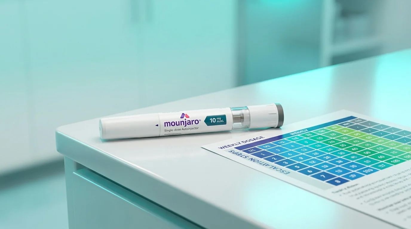 Mounjaro KwikPen beside a weekly dosage titration chart showing 2.5 mg to 15 mg progression