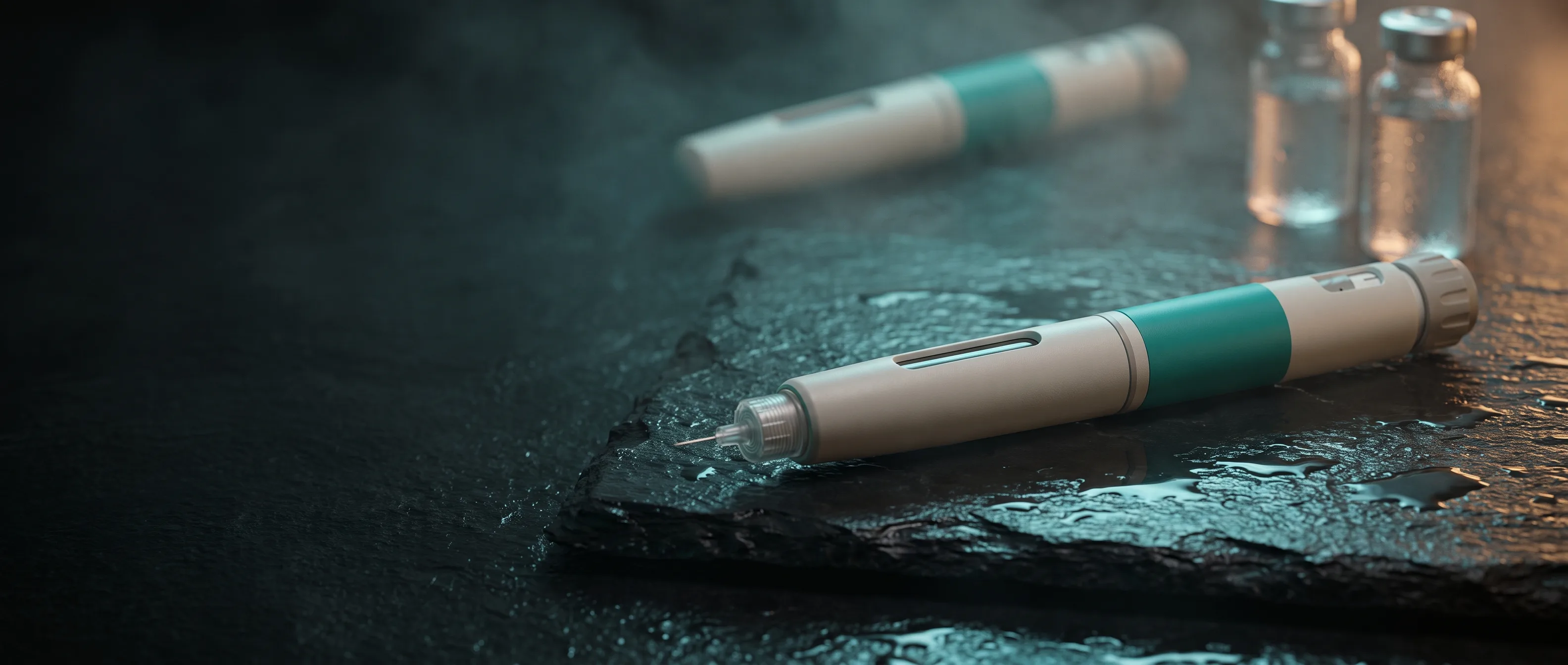 Mounjaro-style injection pen photographed on a dark editorial surface with teal rim lighting and vials behind.