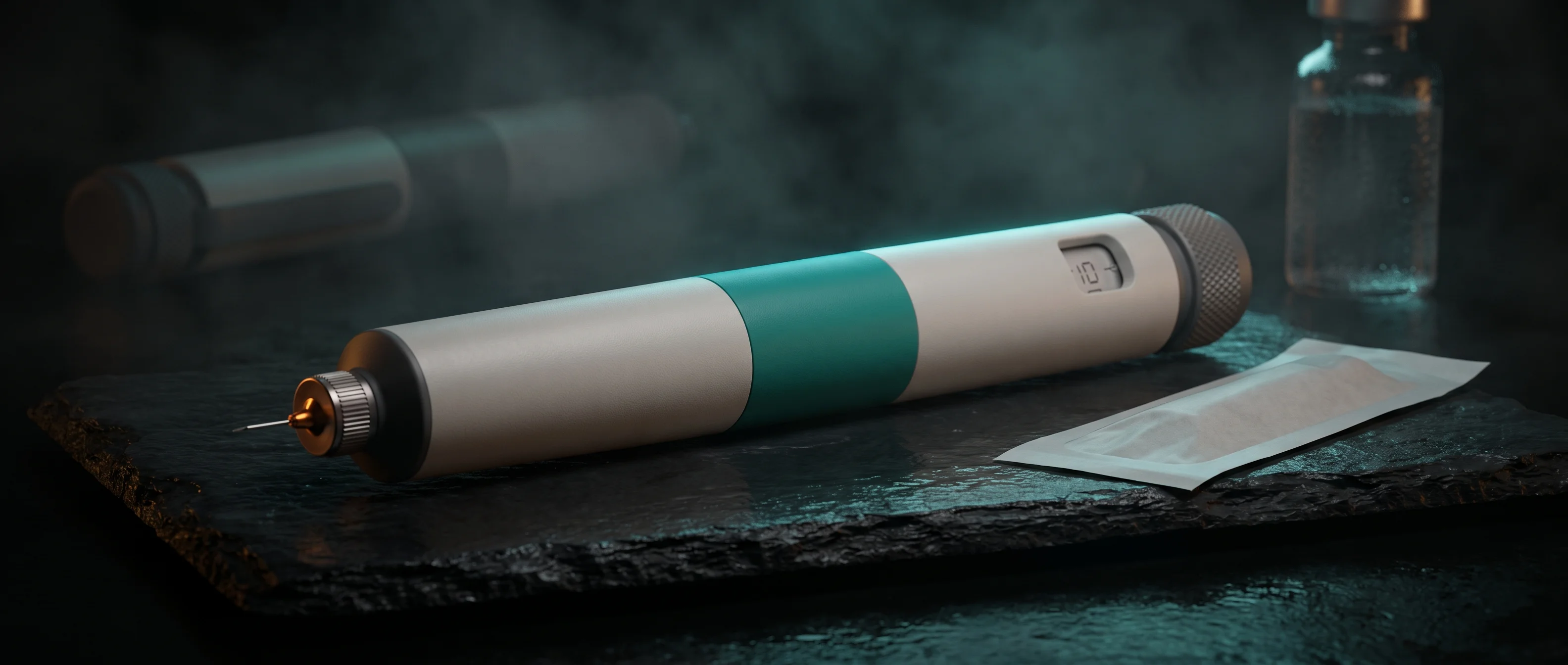 Multi-dose tirzepatide injection pen and a sealed pen needle resting on a dark slate surface.