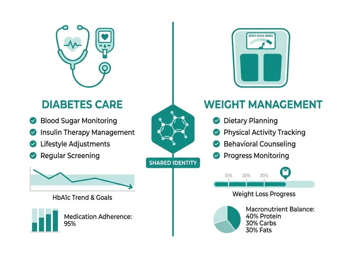 Split comparison diagram showing Mounjaro for diabetes and Zepbound for weight management sharing the same tirzepatide molecule
