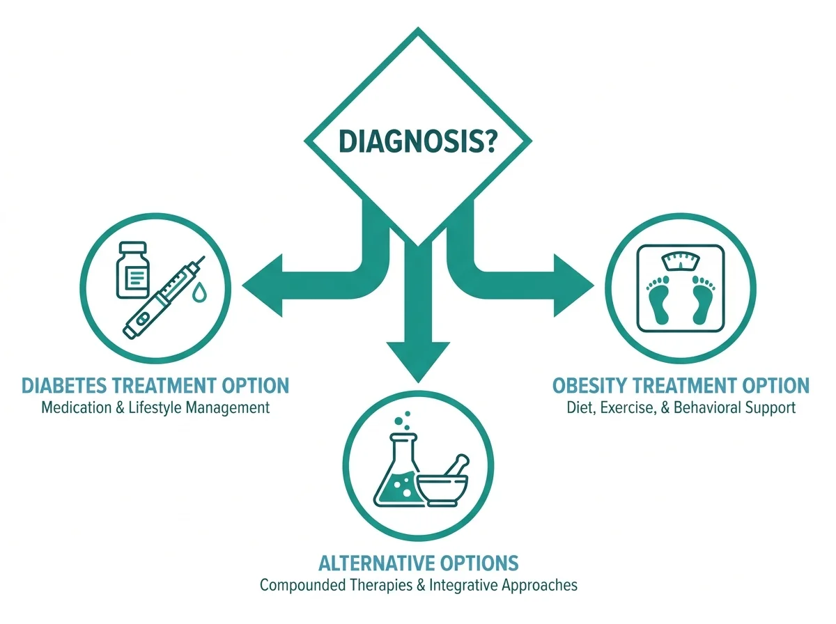 Decision flowchart showing Mounjaro path for diabetes diagnosis, Zepbound path for obesity, and compounded tirzepatide as alternative