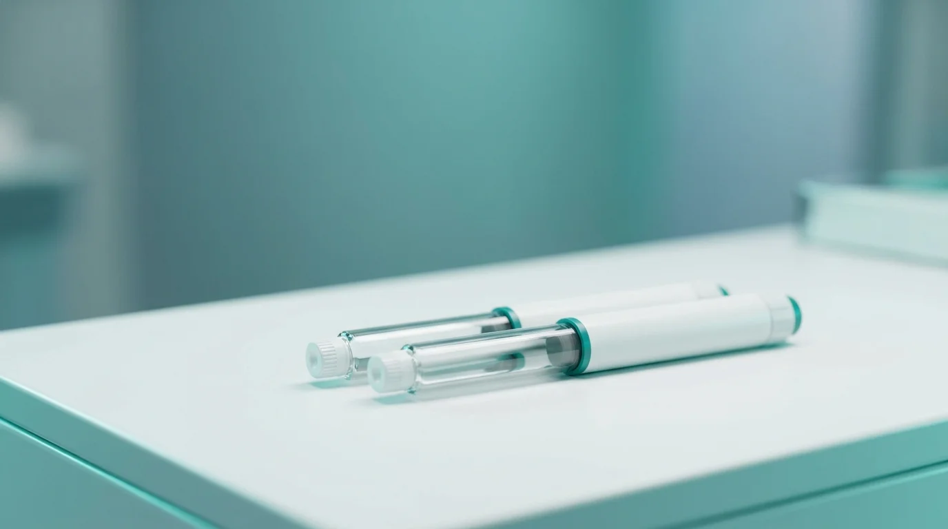 Two identical tirzepatide autoinjector pens side by side on a white medical surface with teal lighting
