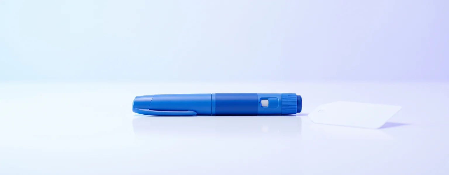Ozempic pen beside a pharmacy price tag and receipt on a clean blue clinical surface.