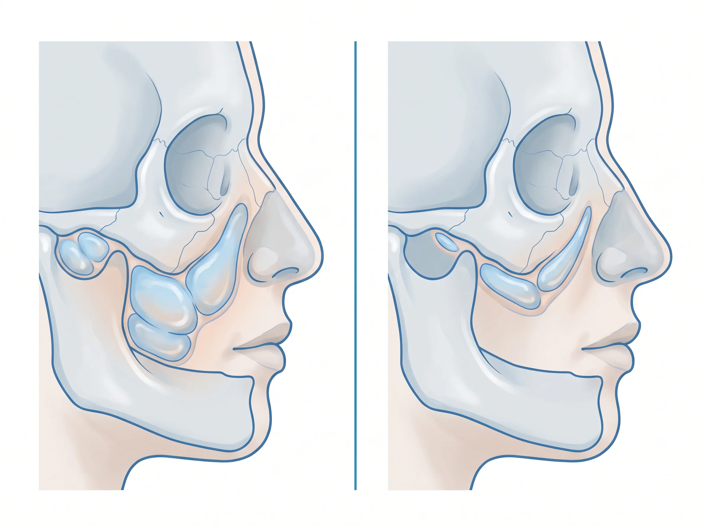 Cross-section diagram comparing full and reduced facial fat pads in the midface during rapid weight loss.