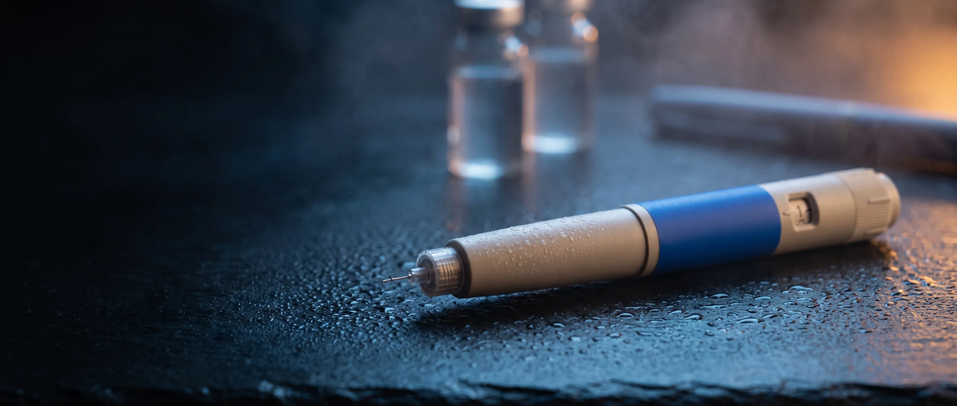 Ozempic injection pen photographed on a dark editorial surface under blue rim lighting with vials behind.