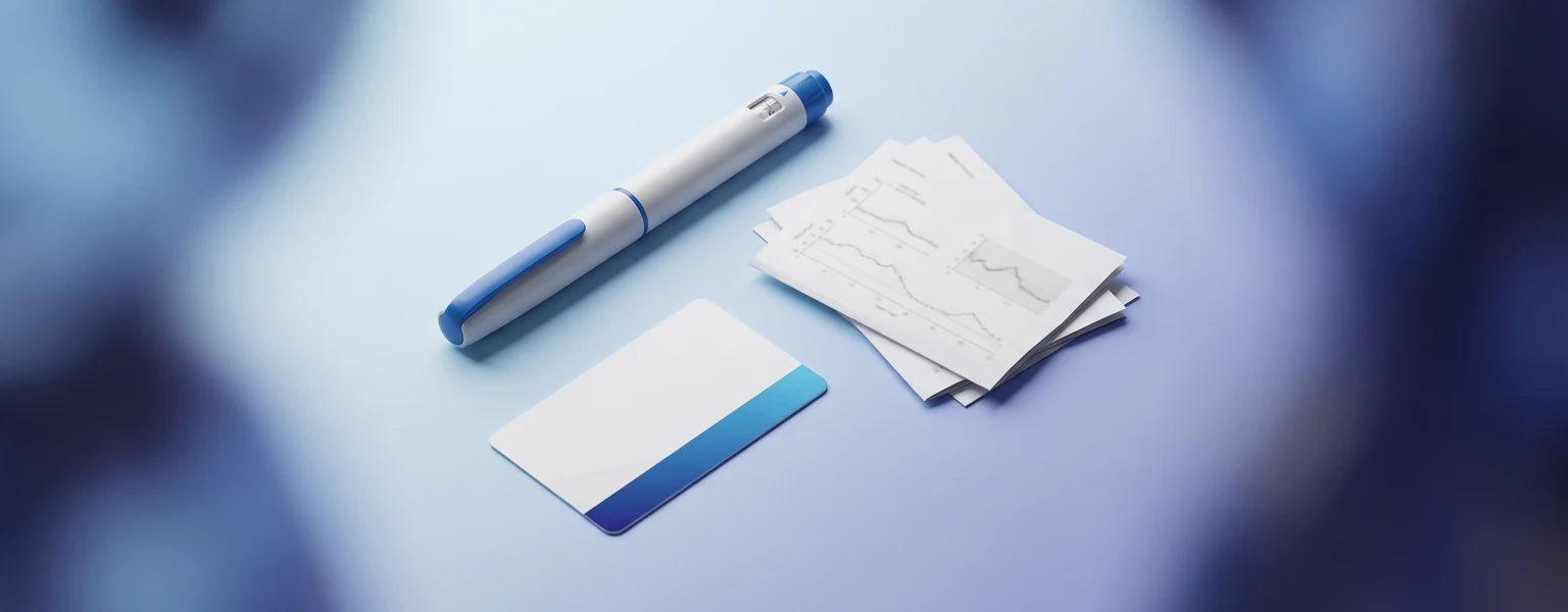 Ozempic pen beside a savings card and prescription paperwork on a clean blue clinical surface.