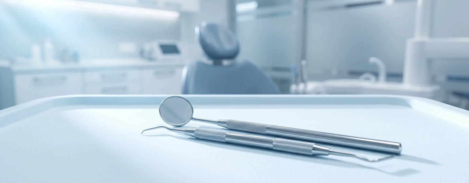 Dental mirror and probe reflecting healthy teeth under soft blue clinical lighting.