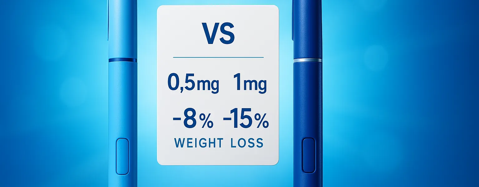 Two injection pens side by side with VS comparison card showing Ozempic versus Wegovy dosing and weight loss stats