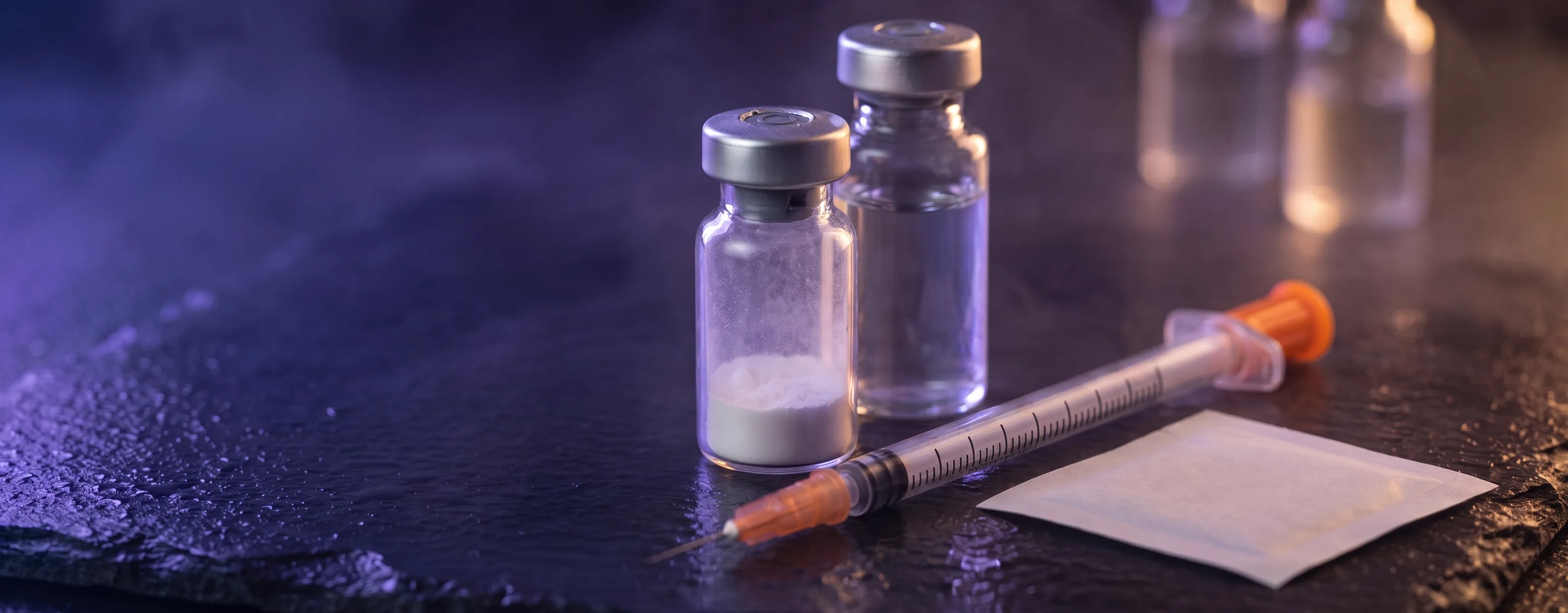 Retatrutide 10mg glass vial beside bacteriostatic water and a U-100 insulin syringe.