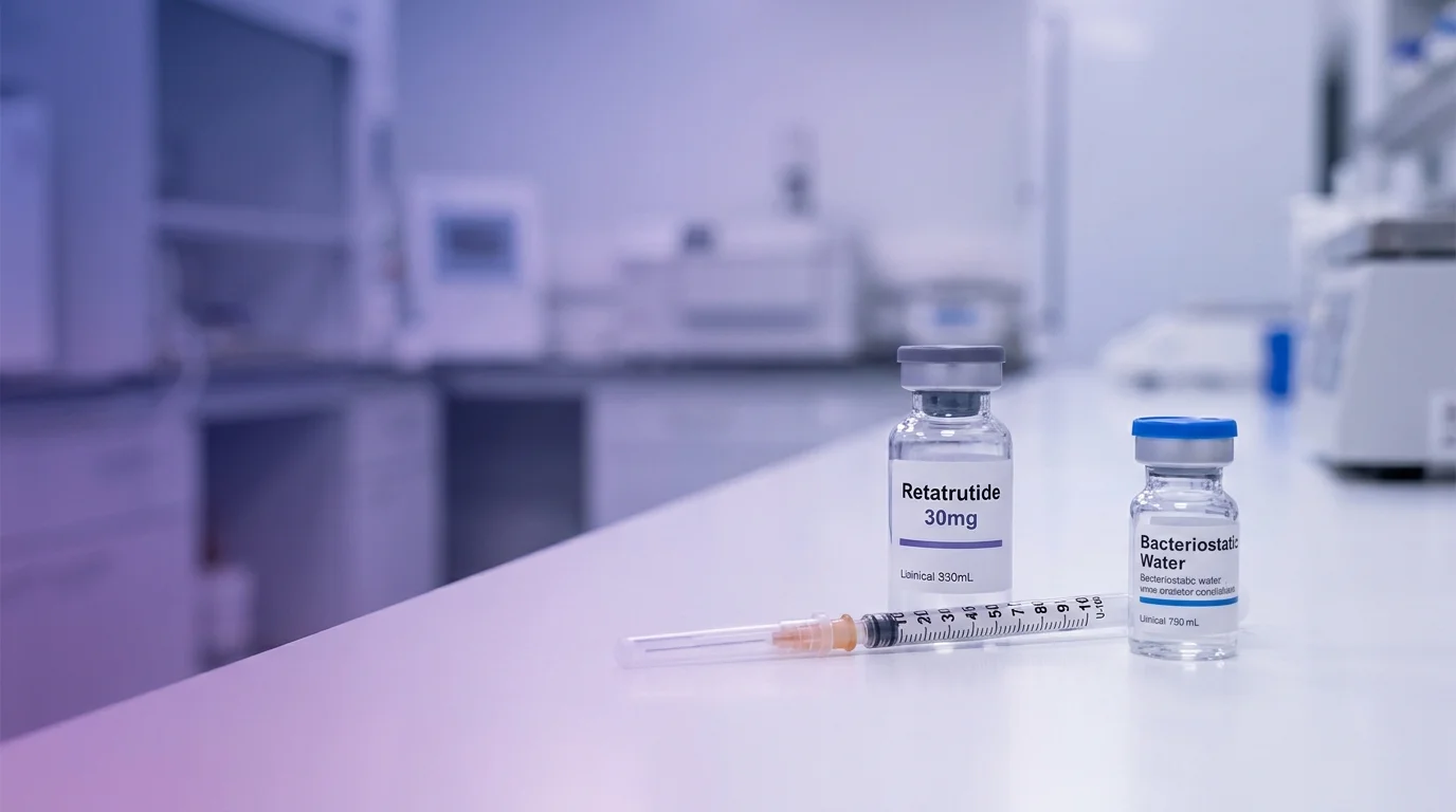 Retatrutide 30mg vial beside a U-100 insulin syringe and bacteriostatic water on a clean medical surface.