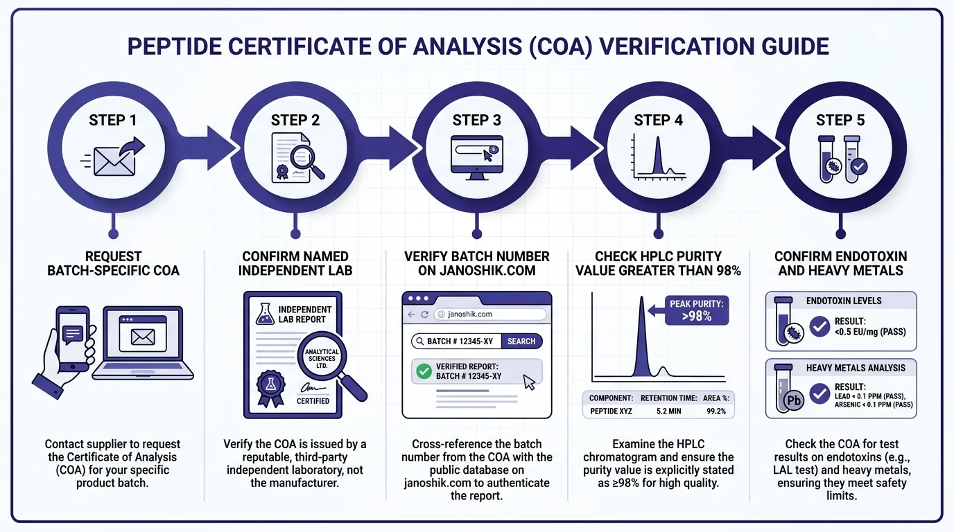 Five-step infographic for verifying a retatrutide COA using Janoshik, checking HPLC purity and endotoxin data.