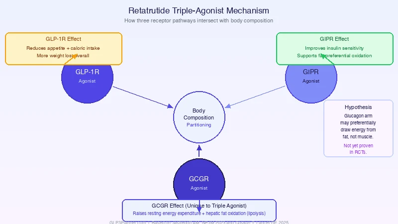 Retatrutide receptor pathways: GLP-1 appetite, GIP insulin sensitivity, and glucagon energy expenditure affecting body composition