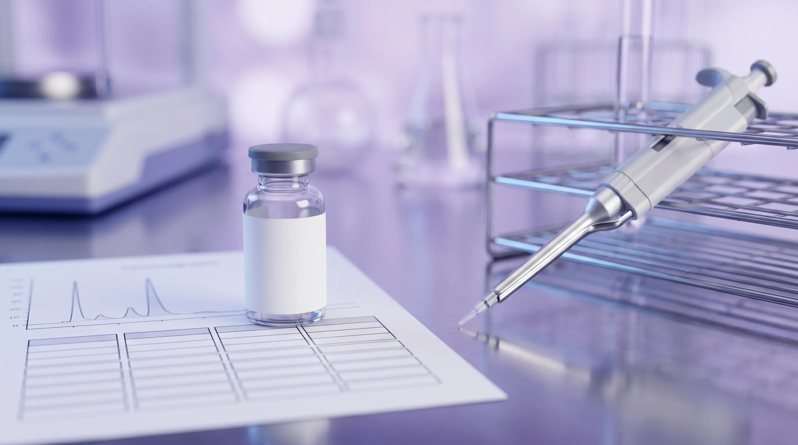 Laboratory workbench with a labeled retatrutide vial, a printed certificate of analysis, and a pipette under indigo light.