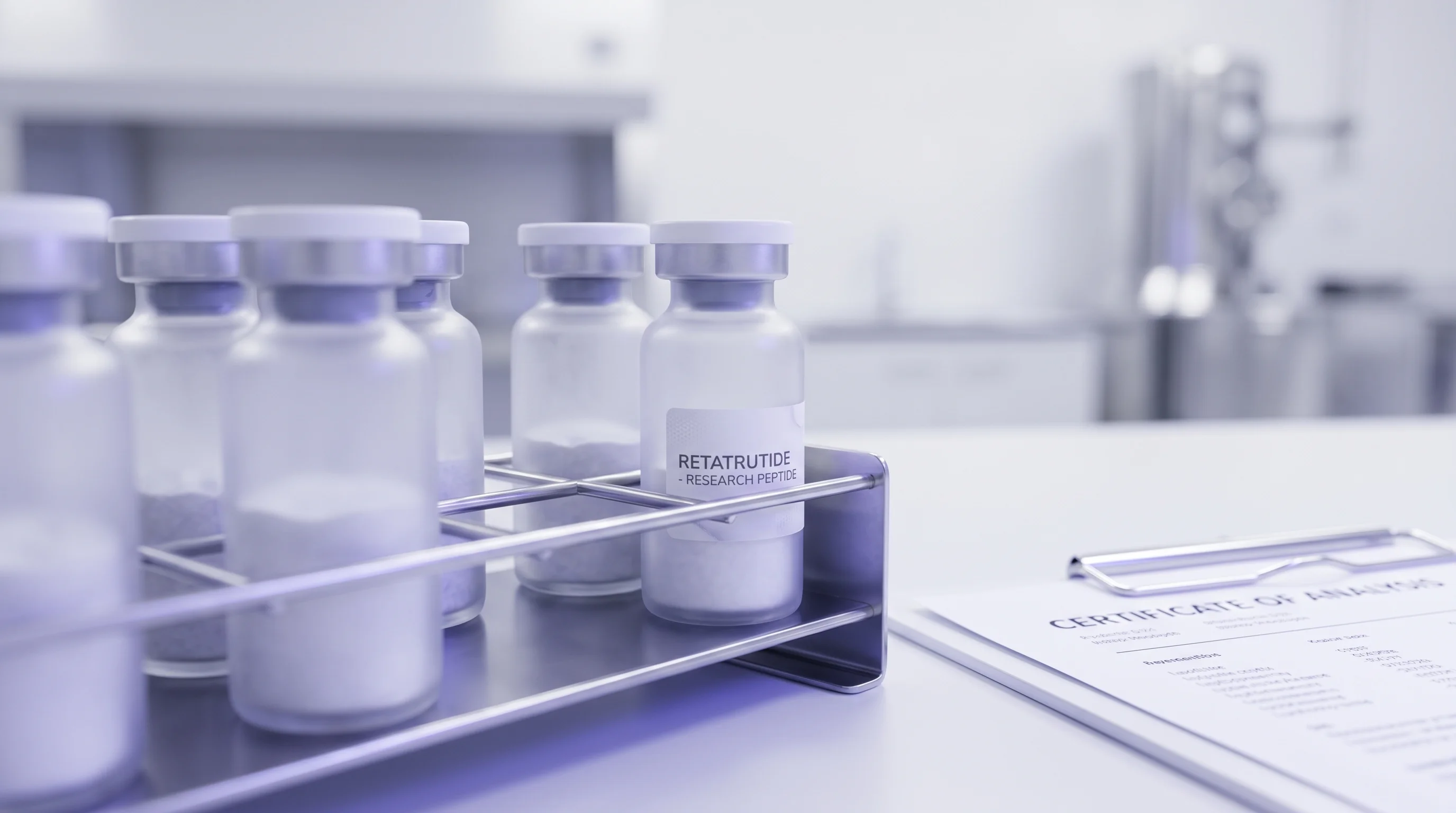 Retatrutide research peptide vials beside a Certificate of Analysis document on a laboratory bench