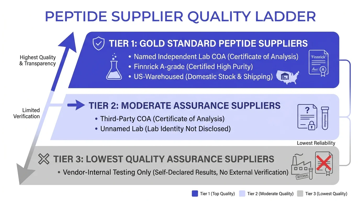 Retatrutide supplier quality tiers diagram comparing Tier 1 through Tier 3 COA and lab verification standards.