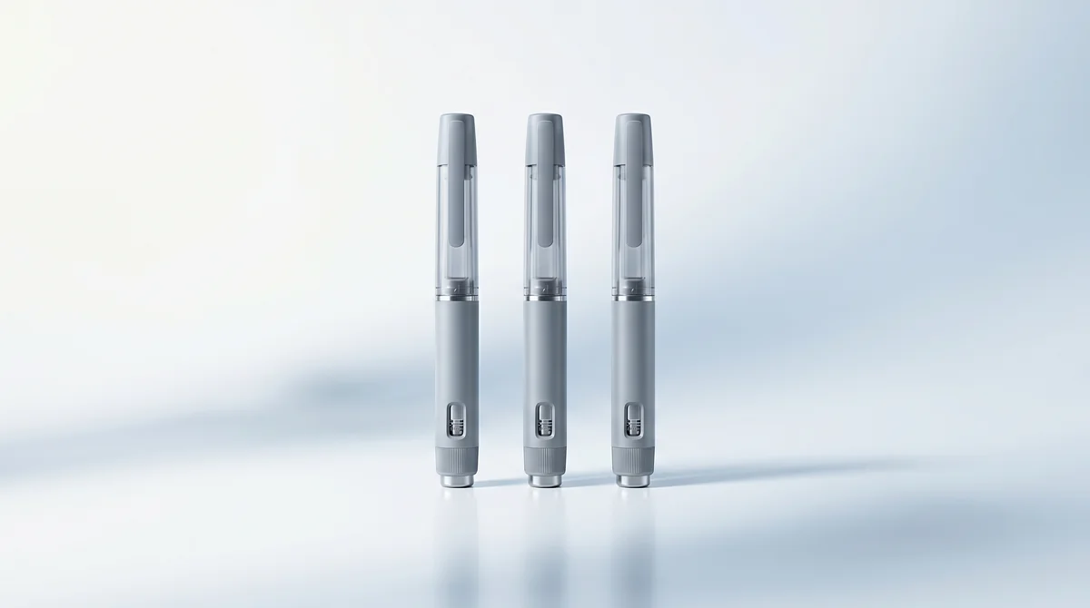 Three GLP-1 medication vials side by side on a clean clinical surface under neutral slate lighting