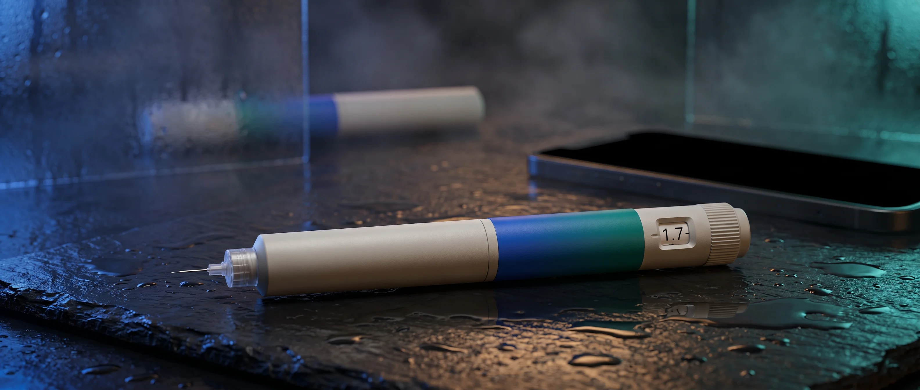 GLP-1 injection pen and smartphone on a dark surface representing telehealth prescribing of weight-loss medication.