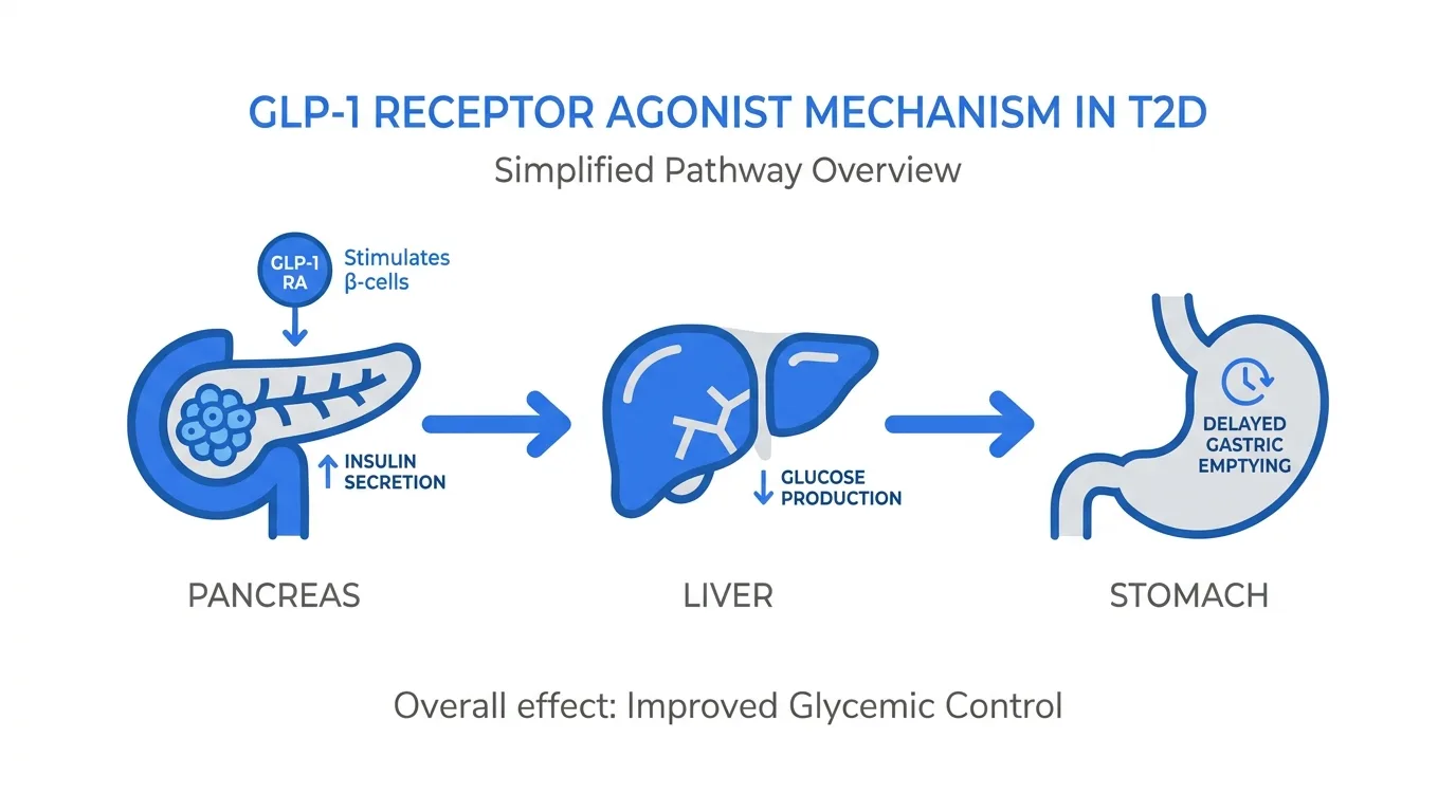 Semaglutide GLP-1 mechanism diagram: pancreas releasing insulin, liver lowering glucose output, stomach with slowed emptying