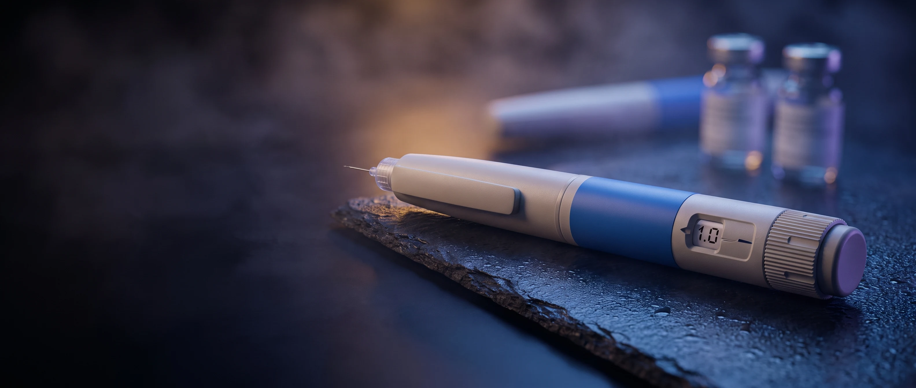 Semaglutide injection pen photographed with blue rim lighting for an article on muscle and lean mass