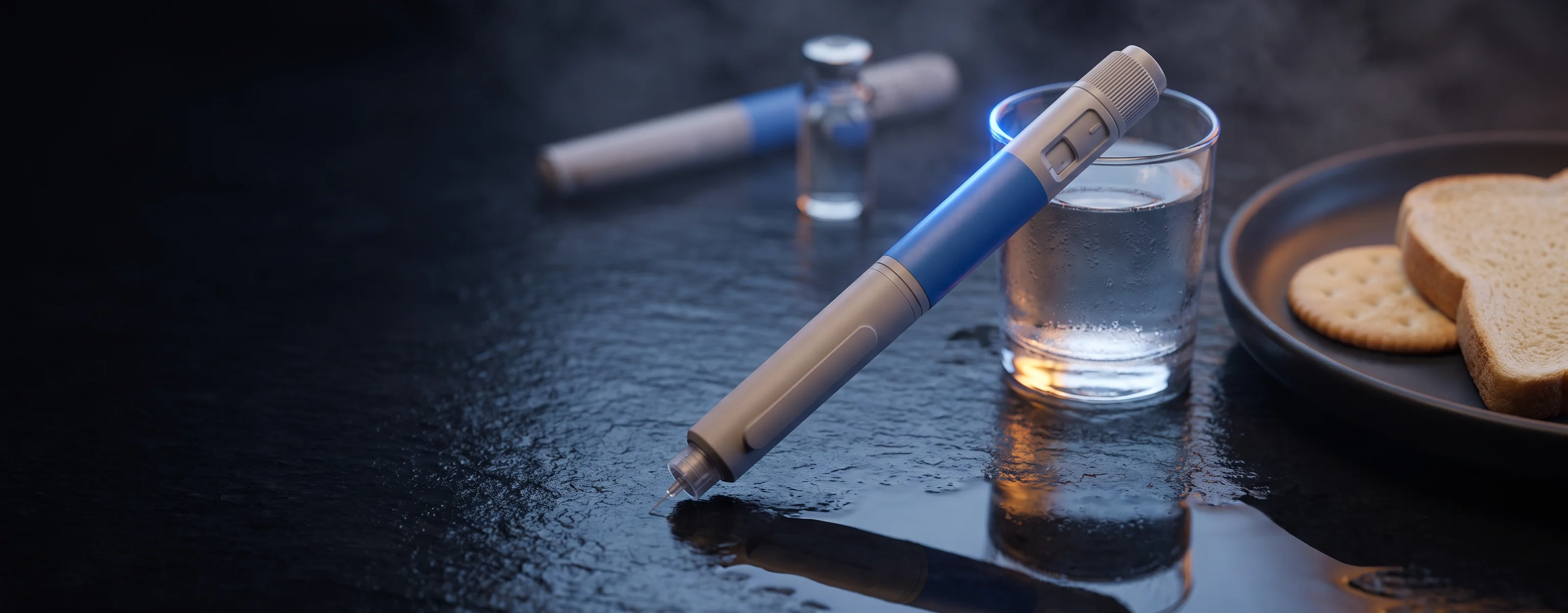 Semaglutide injection pen beside a glass of water and bland foods used during nausea management.