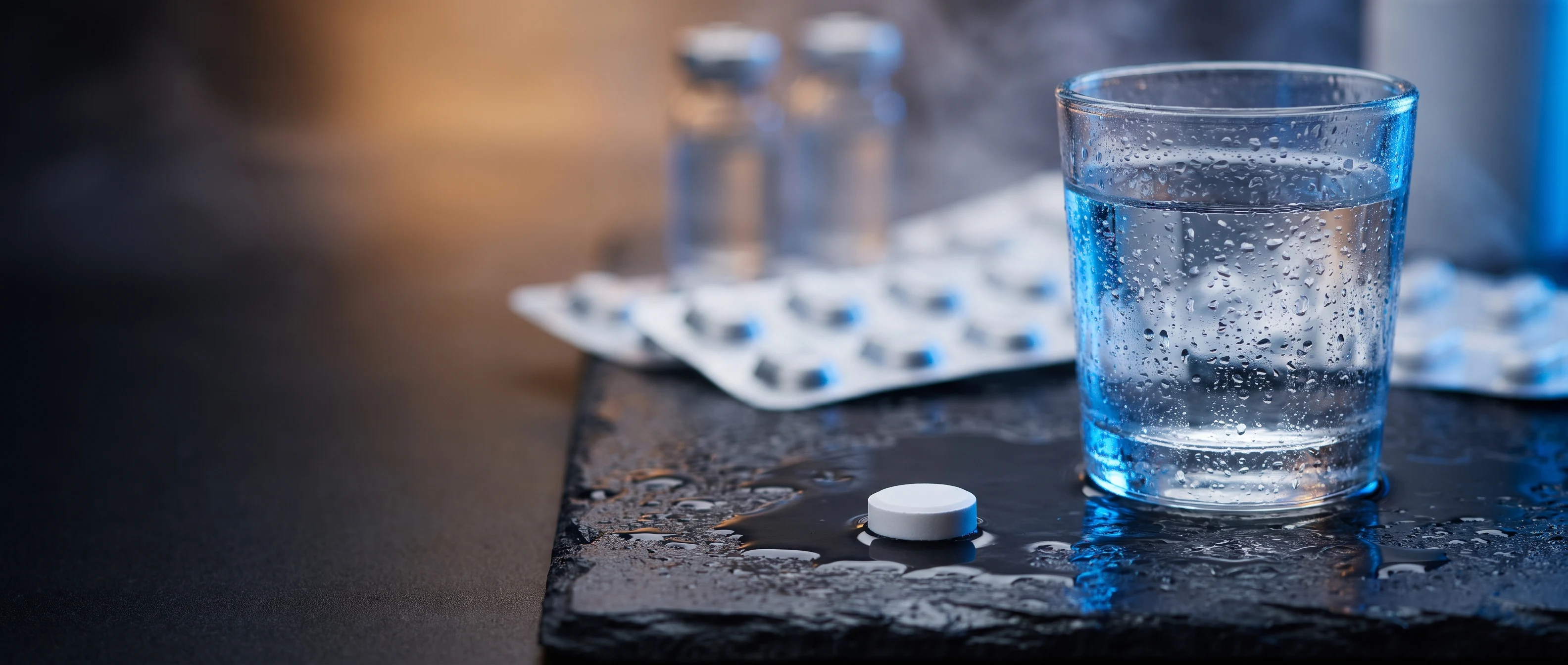 Single white oral semaglutide tablet beside a glass of water with blister packs behind