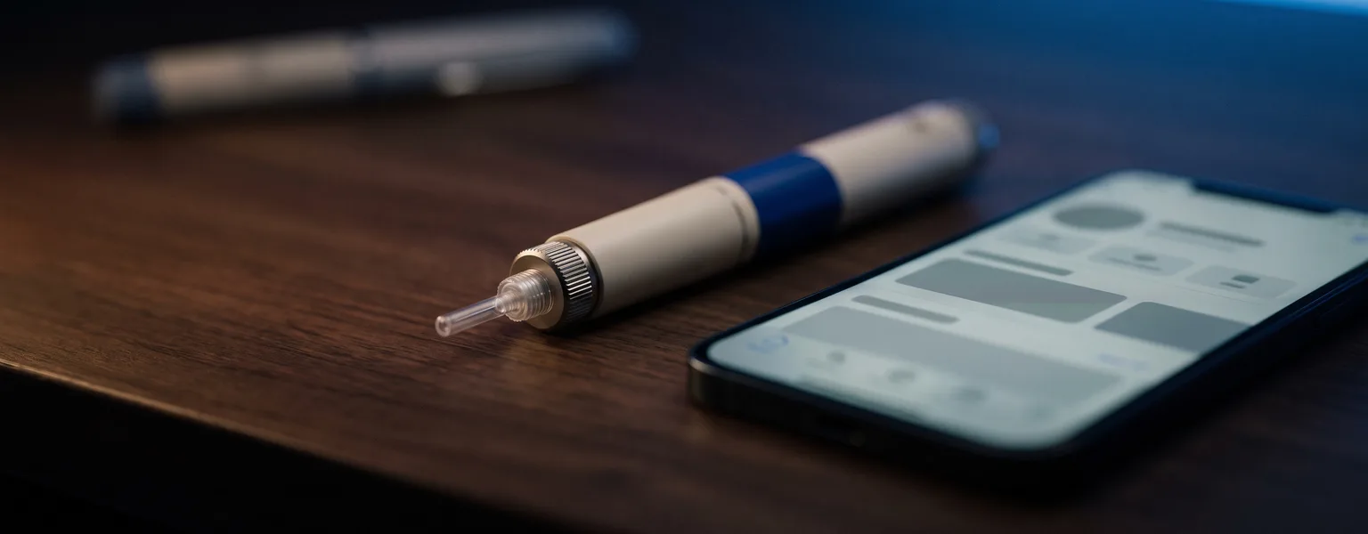 Semaglutide injection pen on a dark desk beside a phone showing a blurred online forum