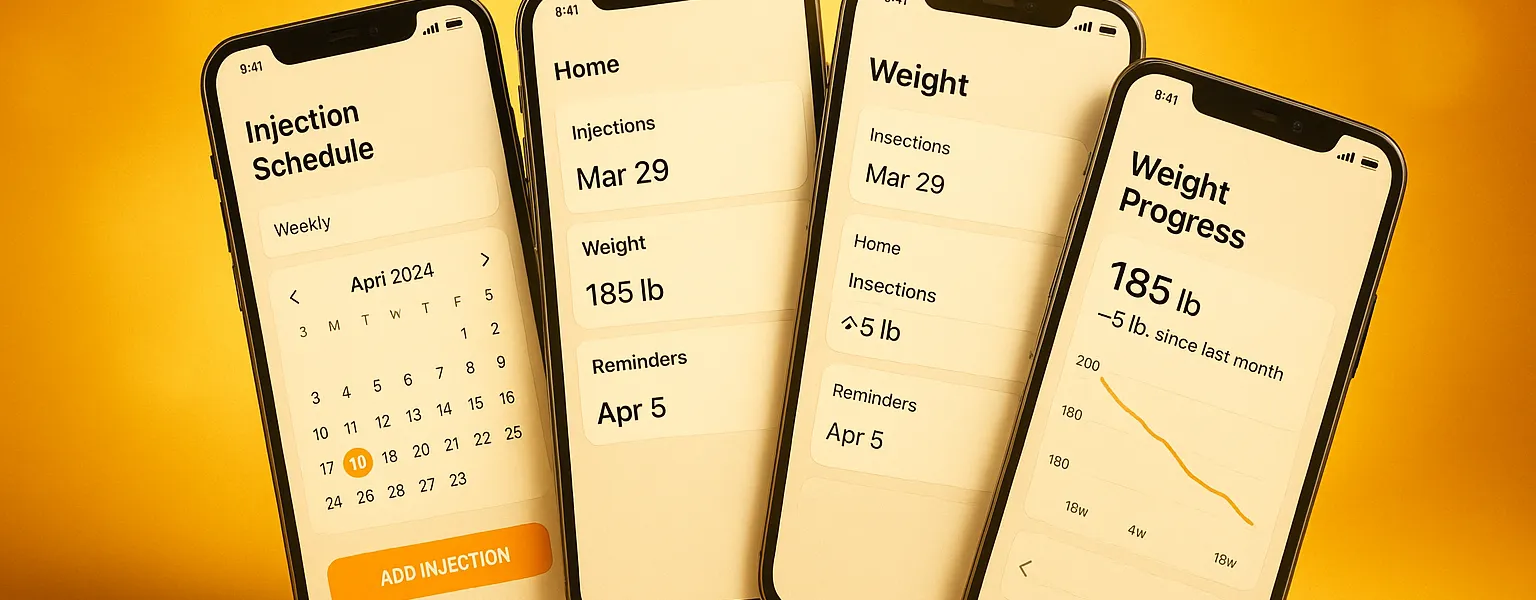 Multiple smartphone screens showing different injection tracking app alternatives in comparison grid