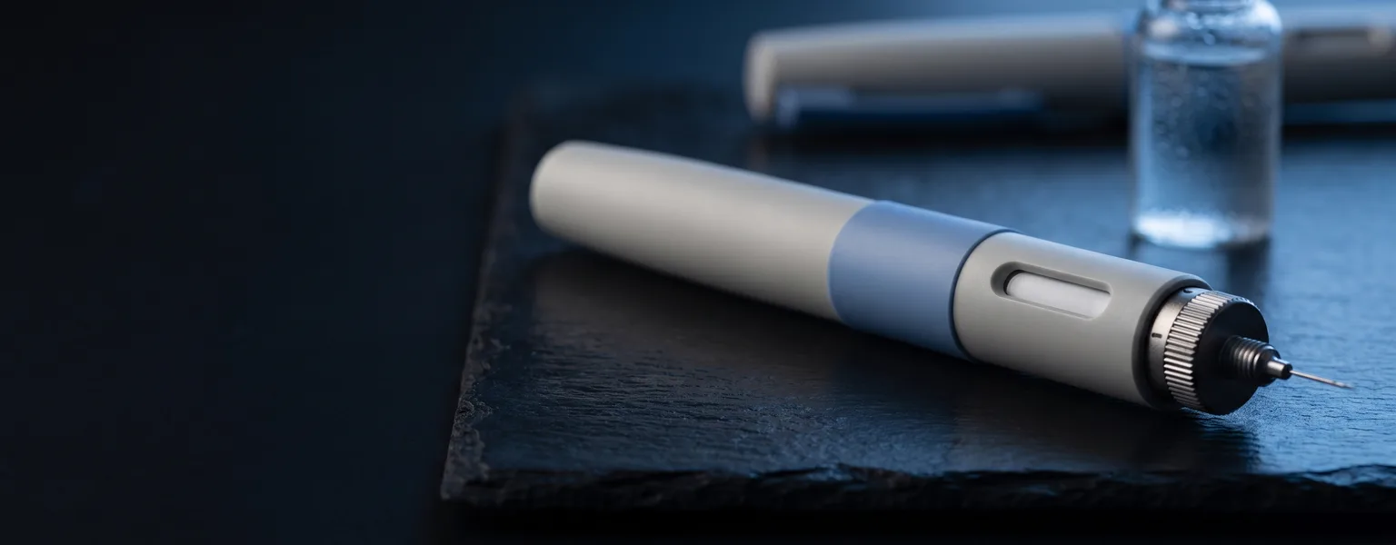 Semaglutide injection pen photographed on a dark reflective surface under blue editorial rim lighting