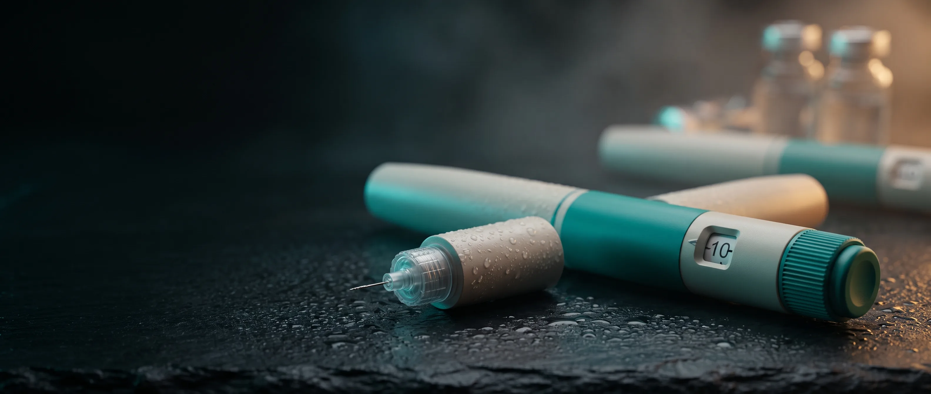 Tirzepatide injection pen photographed under teal editorial lighting for a guide on managing constipation.