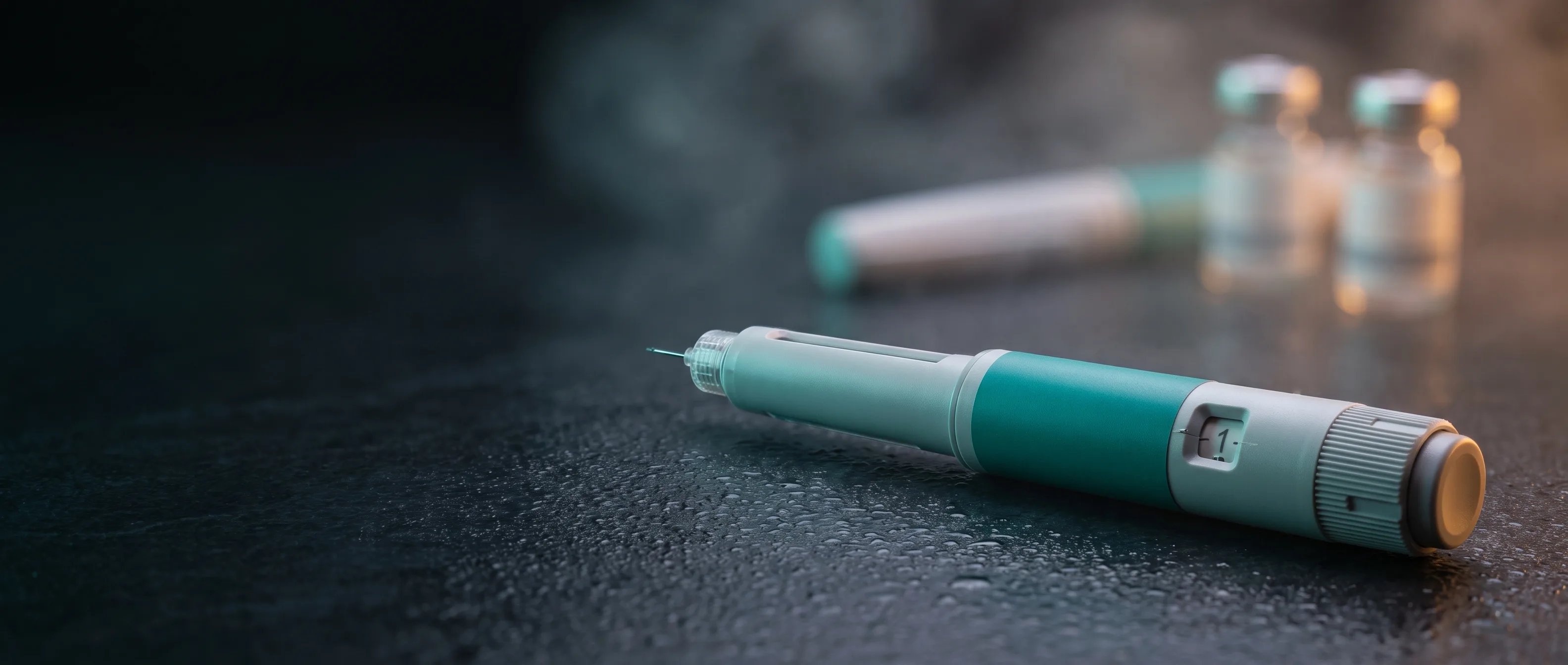 Tirzepatide injection pen photographed with teal rim lighting for an article on muscle and lean mass