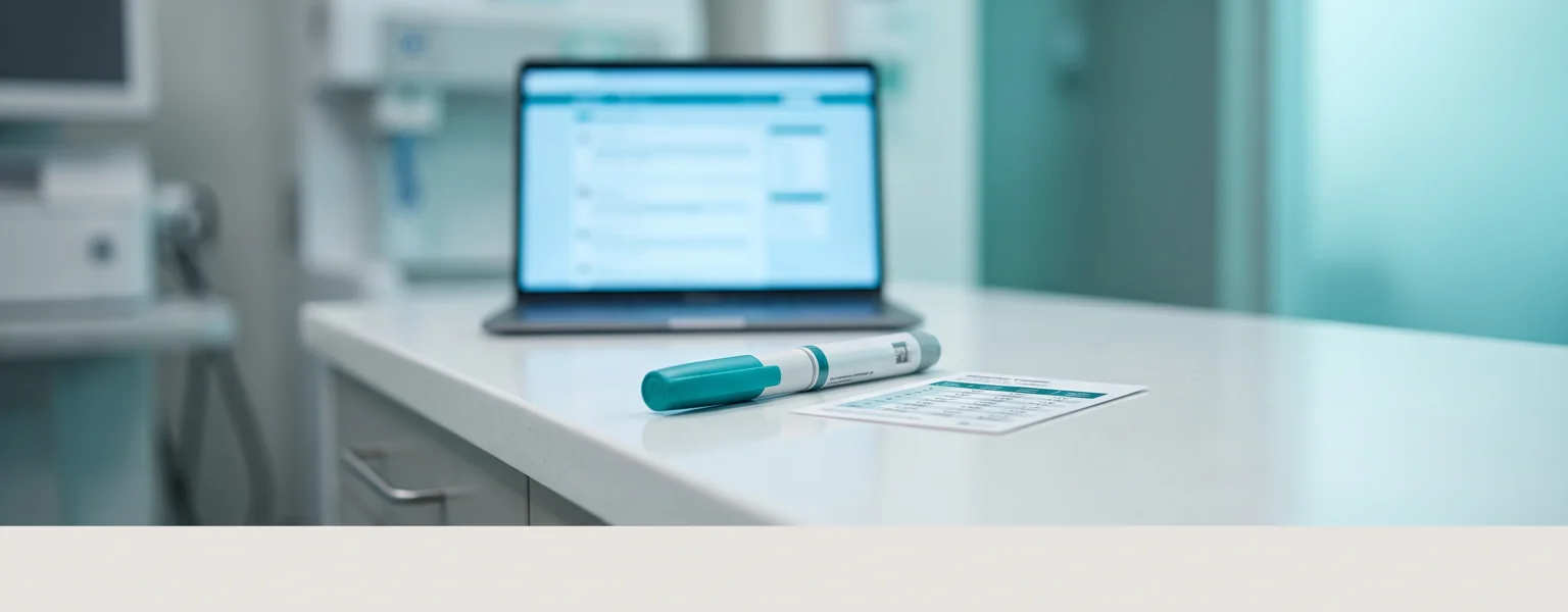 Tirzepatide pen injector and printed dosing chart beside a laptop showing a blurred community forum